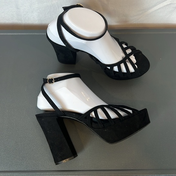 Mango Black Strappy Platform Heels Size 39 (US 8.5) Ankle Cuff Peep Toe - Picture 6 of 14